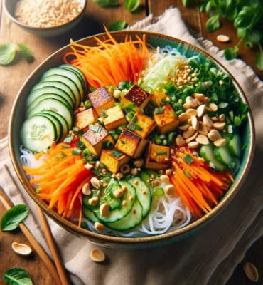 Vegan Bun Bo Nam Bo s uhrokou, mrkvou, tofu, orieškami