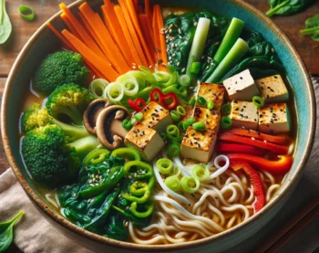 Vegetariansky ramen s brokolicou, mrkvou, šampiňónmi, rezancami a tofu
