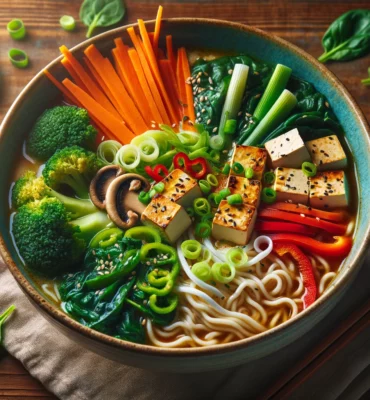 Vegetariansky ramen s brokolicou, mrkvou, šampiňónmi, rezancami a tofu